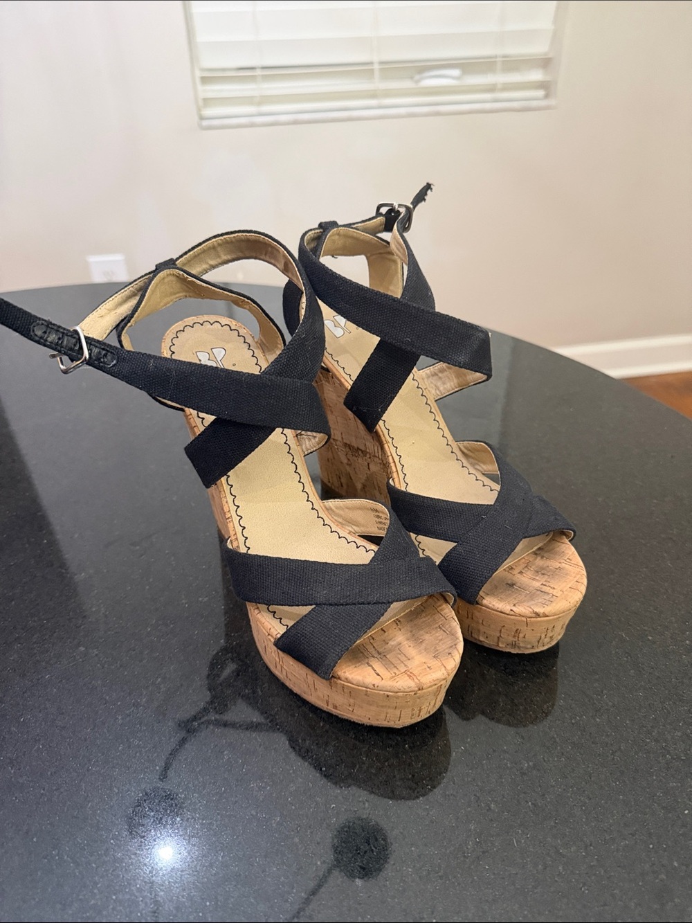 bp Black Crisscross Cork Wedge Sandals